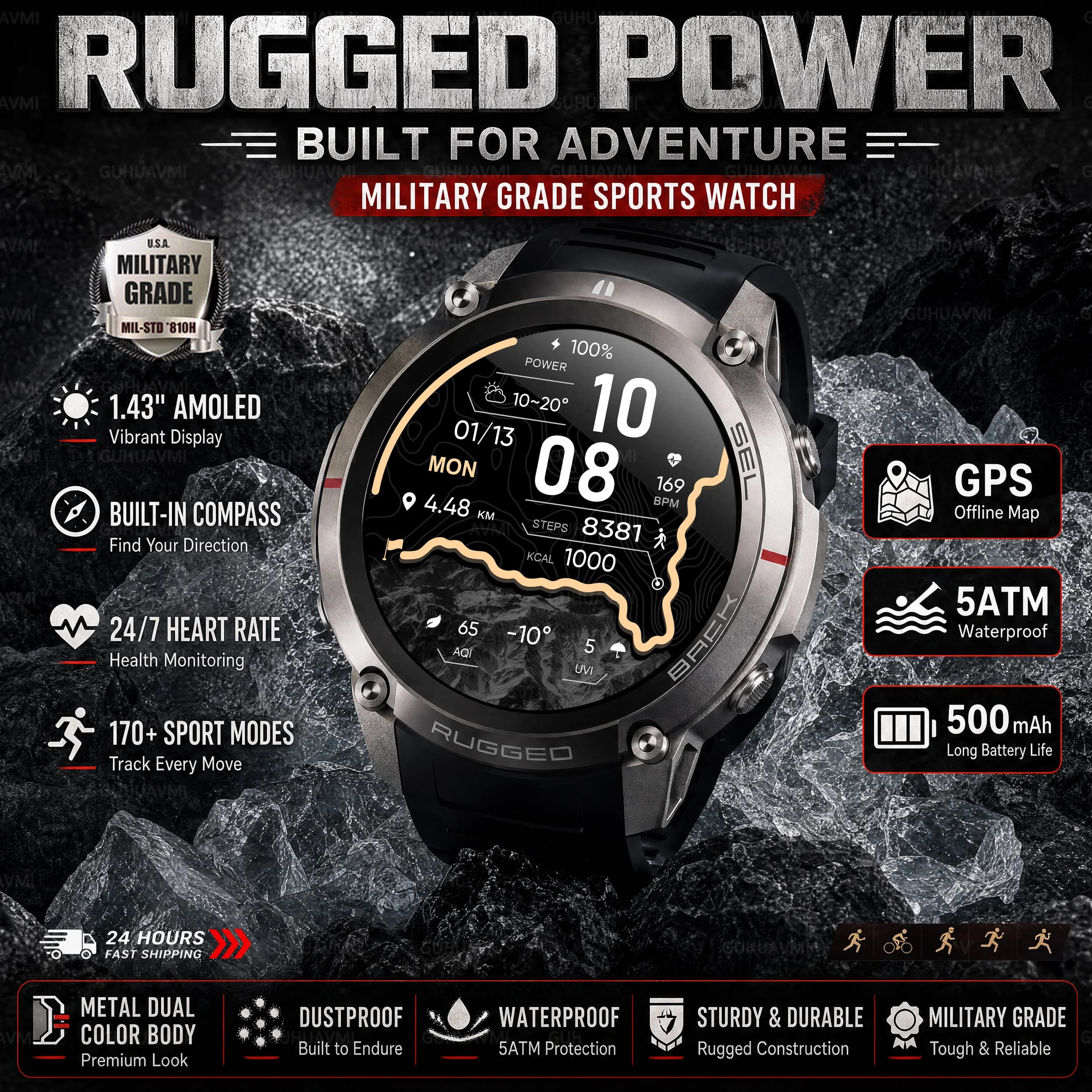 New Smartwatch Military GPS 2026 with Offline Maps, Waterproof 5ATM for Swimming, AMOLED True Screen, Continuous View of Hour, Calls, GPS Tracker for Men