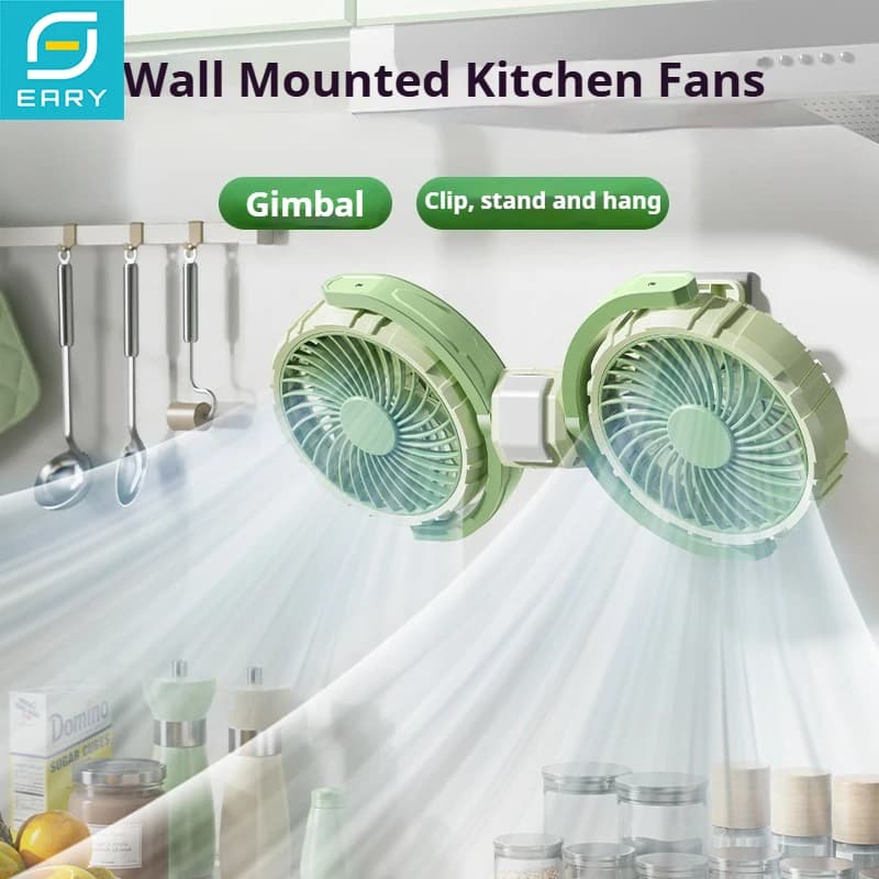 Ventilatore con clip a doppia testa Eary Kitchen con batteria da 4000 mAh e vento a 3 velocità 360 ° Ventola di raffreddamento ad aria girevole a parete con luce a LED