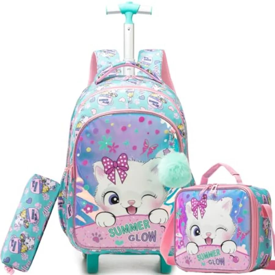 Zaino con ruote per ragazze dagli 8 ai 12 anni, zaino trolley con ruote, zaino con ruote per ragazze, carino zaino con gatto.