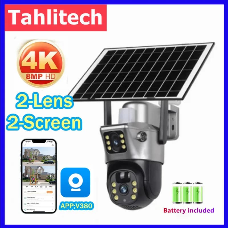 Tahlitech Telecamera Solare 4G Sim Esterna Doppia Lente WiFi 8MP 4K IP Camara Pannello Solare CCTV Sicurezza Batteria Integrata PIR Cam V380