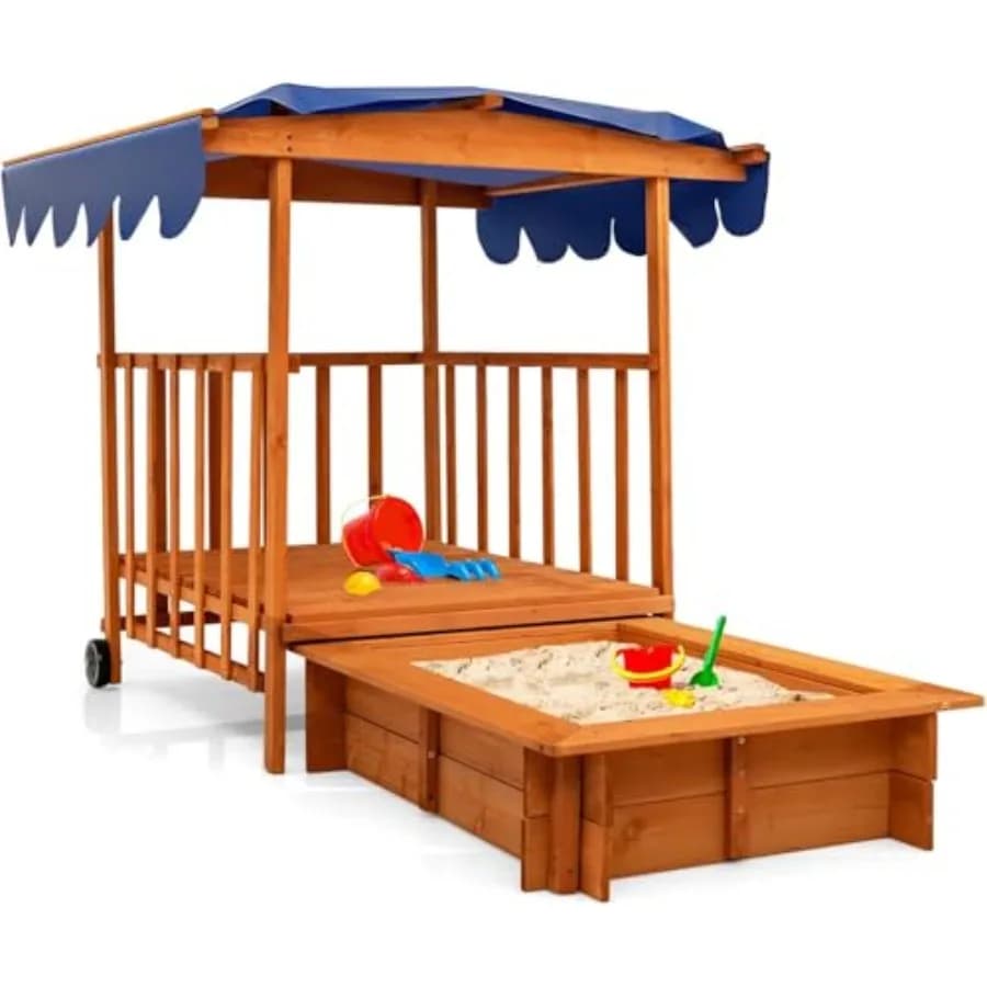 Casetta da gioco in legno di cedro con tettoia retrattile, colore naturale, per giardino, prato, spiaggia, con ampio spazio gioco
