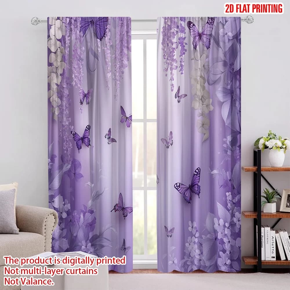 Tende per finestre con stampa piatta 2D da 2 pezzi Elegante farfalla viola e floreale (2) Tende in poliestere stampate digitali Decorazione da parete festosa