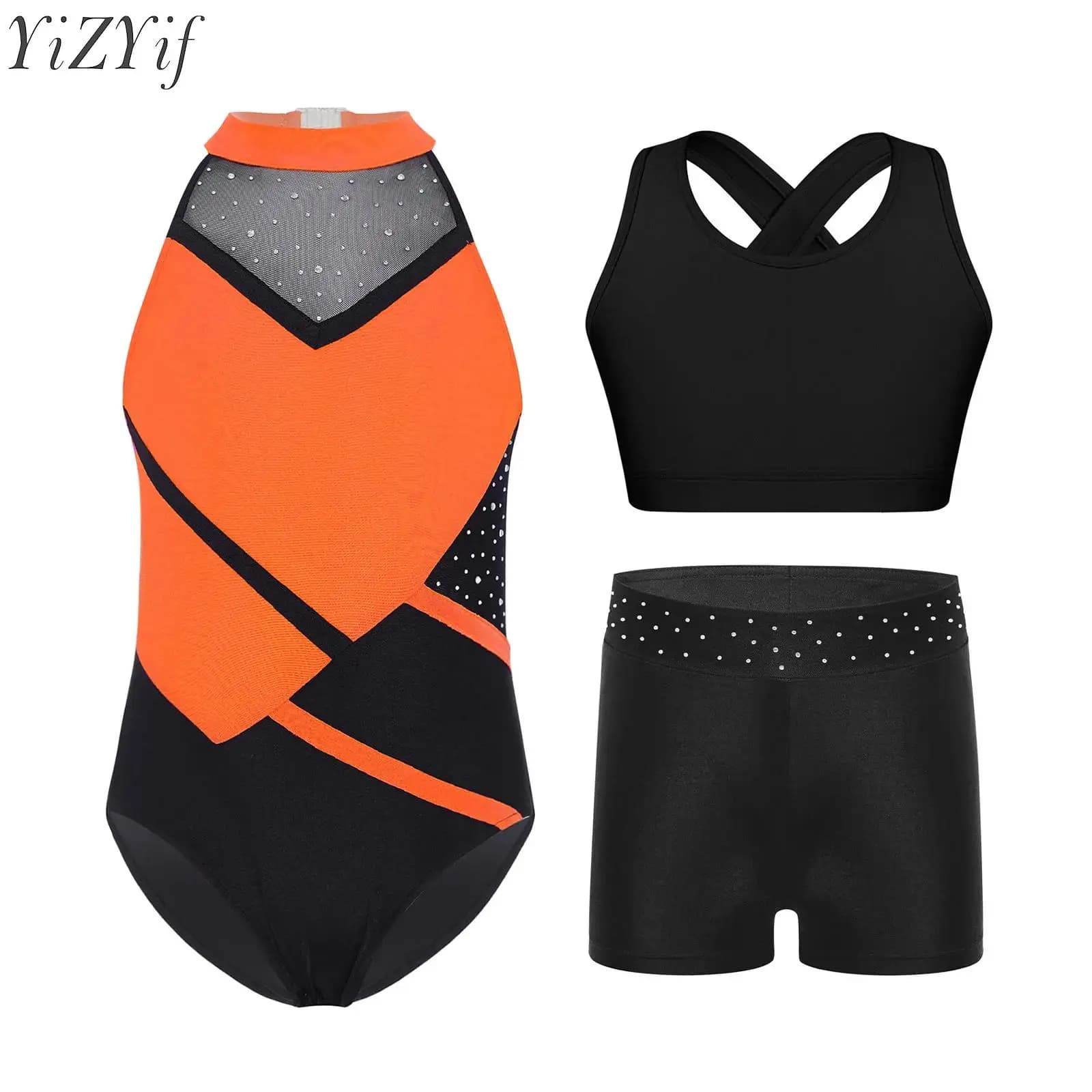Set da danza classica per bambina, completo da ginnastica, body con strass, con gilet e pantaloncini corti con buco della serratura incrociato sul retro