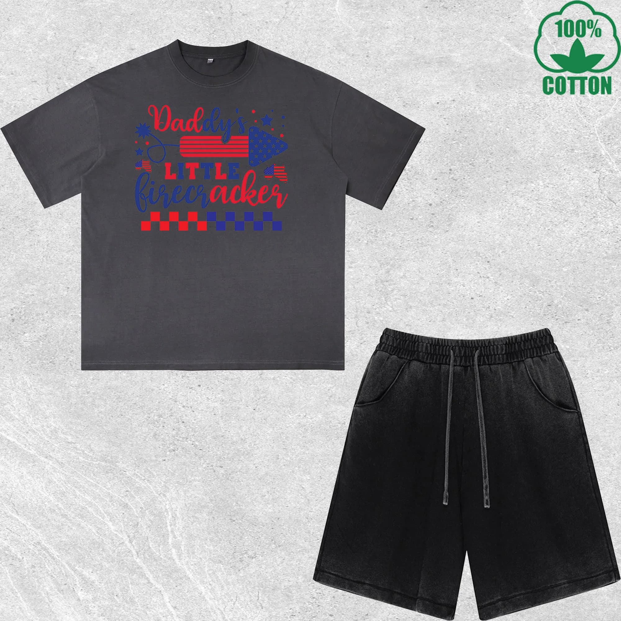 Set T-Shirt e Pantaloncini Stampati per il Giorno dell'Indipendenza, Effetto Lavato, Multicolore, Stile Trendy e Comodo, 100% Cotone