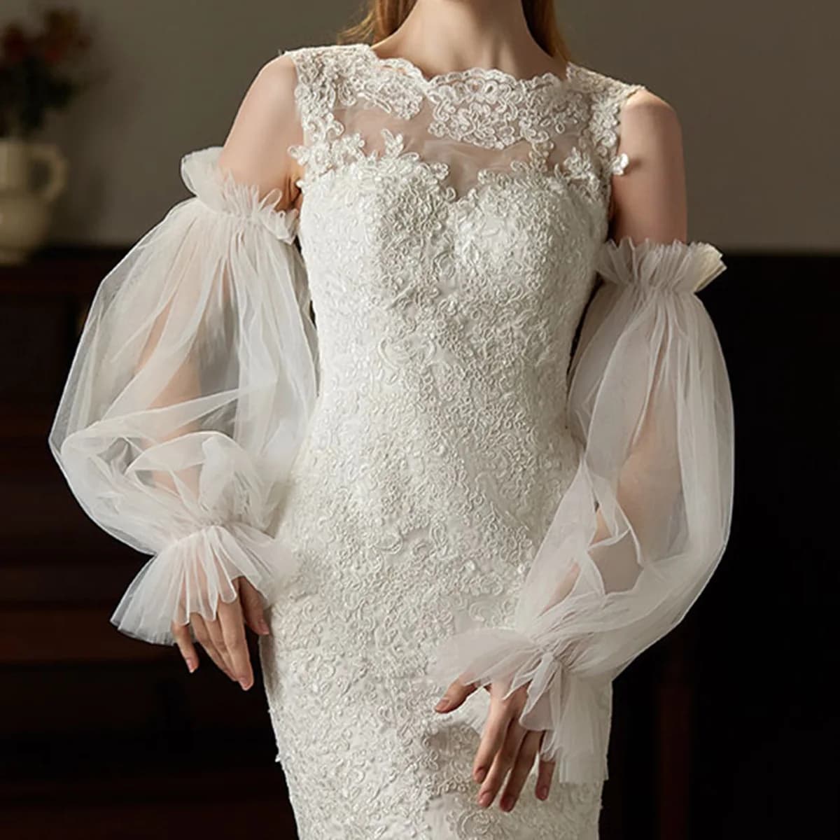 Fashion Sheer Mesh Bridal Puff Sleeves Detachable Tulle Lantern Arm Cuffs Romantic Wedding Dress Accessories Soft Gauze Sleeves