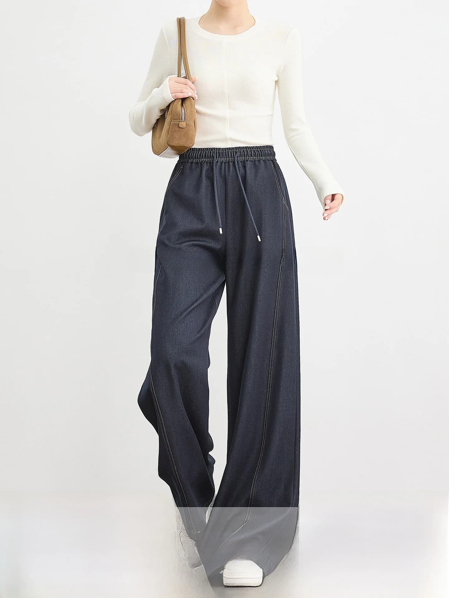 Women's FALIN jeans with straight and wide leg, dark blue, casual, high waist, polyester fiber, spring, fashionable, slender and draped