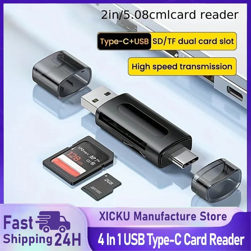 2025 Lettore di schede USB Type-C multifunzione 4 in 1 Archiviazione esterna Nero elasticizzato per Memory Stick Lettore di schede Mini SD TF USB 2.0