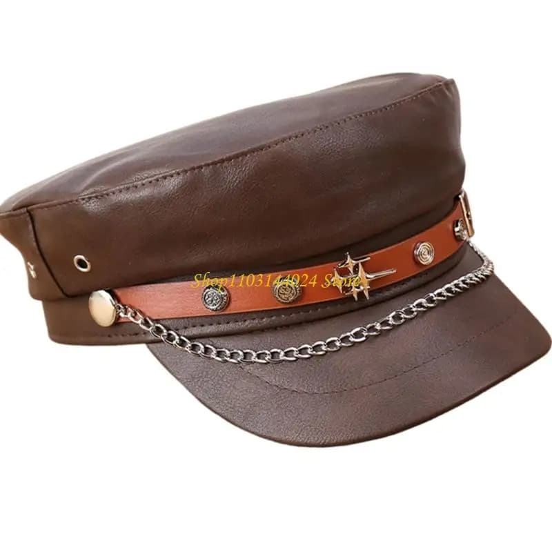 N5KE Trendy Metal Buckles PU Leather Flat Top Hat Music Festival Party Essential Gear