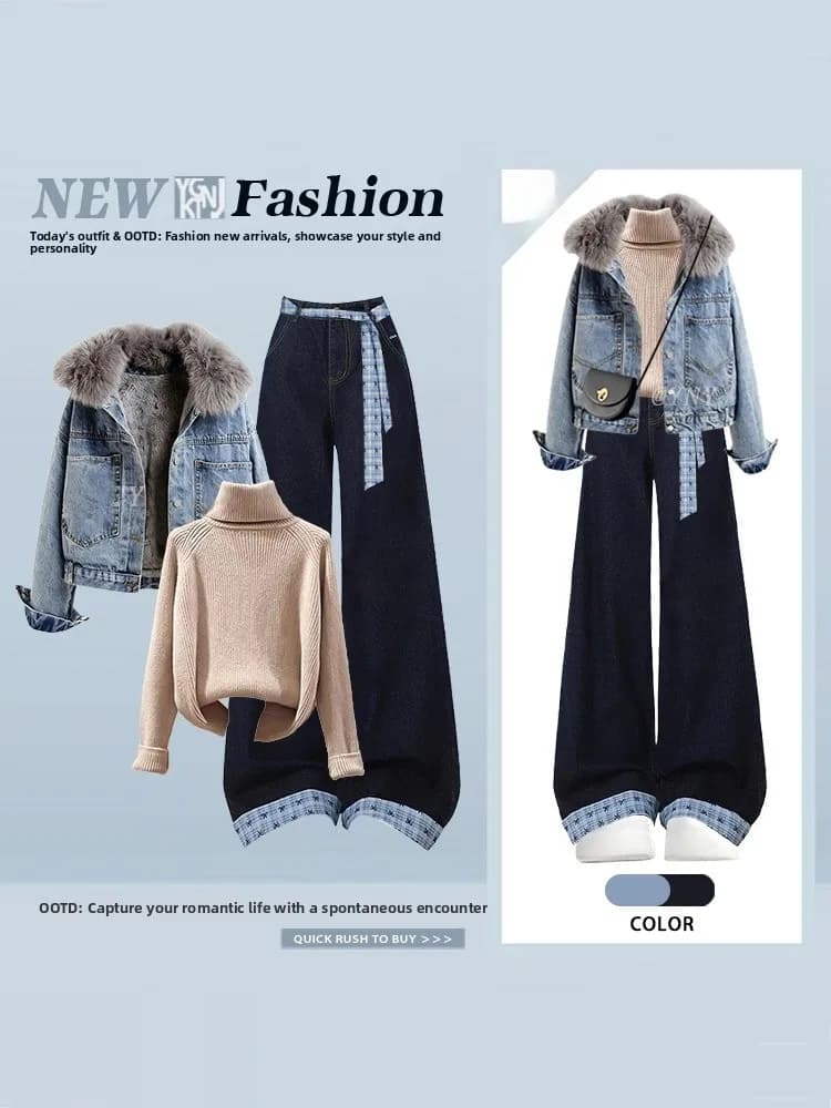 Inverno Thiened Retro Cotton Jaet Collo alto Strato base Jeans Pantaloni a gamba larga Tee Piece Set Abbigliamento caldo Faion da donna