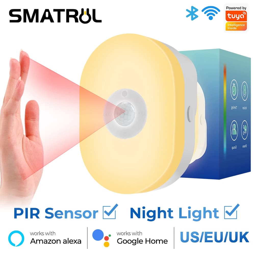 Tuya Smart WiFi PIR Sensore di movimento Luce notturna a Led Eu Us Uk Plug In Lampada da parete Bianco caldo RGB Room App Voce per Alexa Google Home