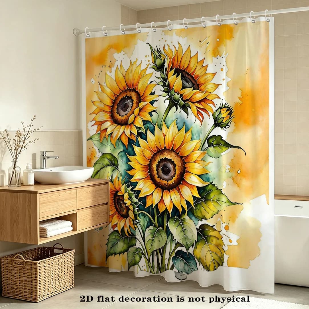 2D Flat, 2D Flat, 2D Flat Shower Curtain 1pc Sunflower Bouquet Pattern Curtain, High-End Elegant Bathroom Curtain Shower Curtain