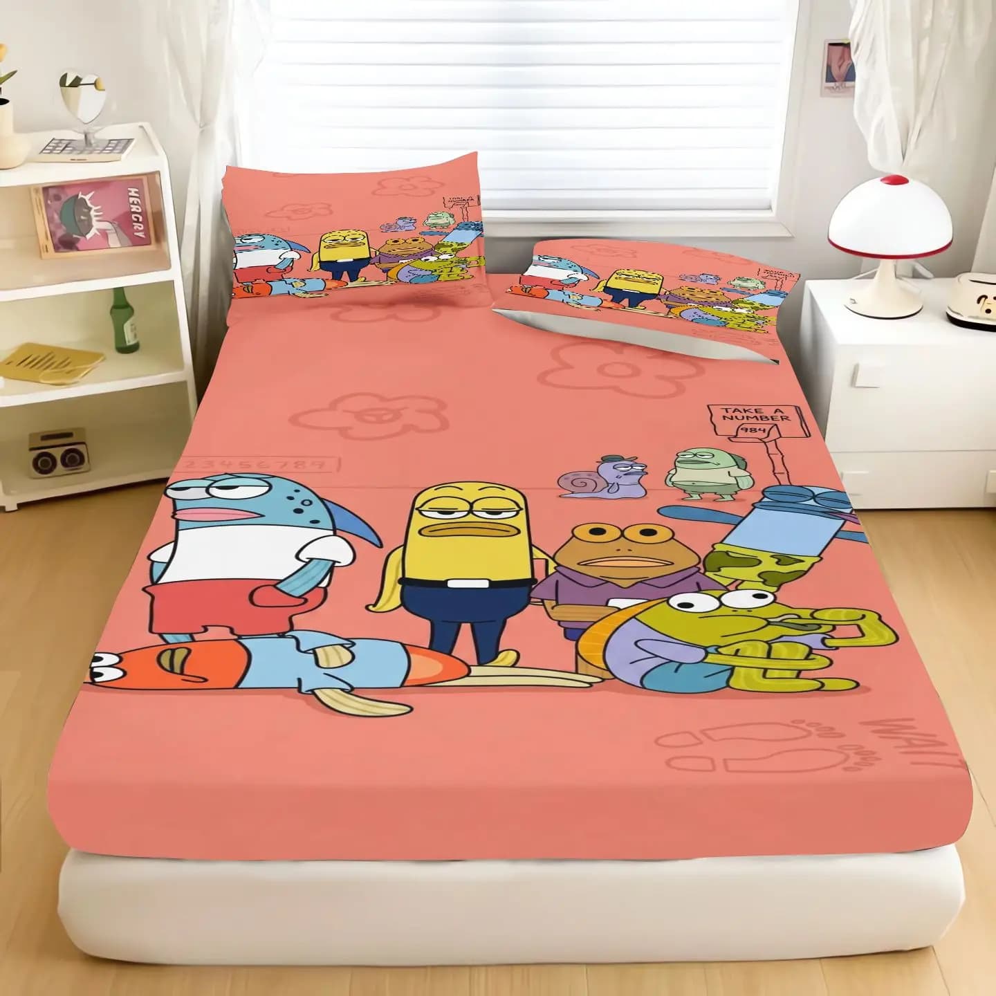 Cartoon SpongeBob Bed Sheet Set, Pink Fitted Sheet With Pillowcase, Anime Character Bedding Set, Mattress Cover For Bedroom