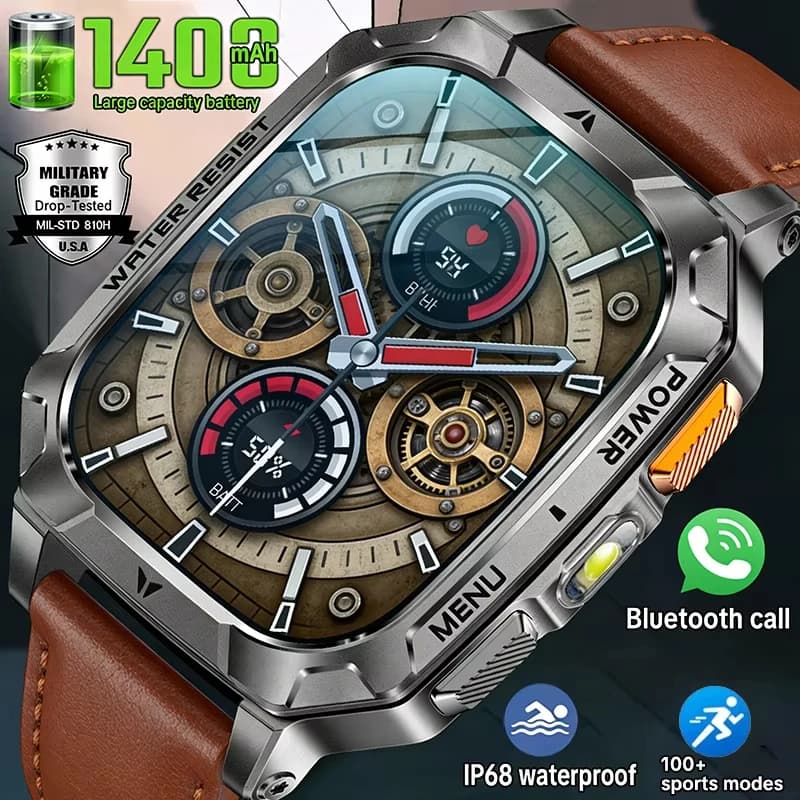 Smartwatch di Alta Gamma per Uomo con Batteria Militare da 1400mAh, Impermeabile IP68, Tracker Sportivo, Torcia e Monitoraggio della Salute