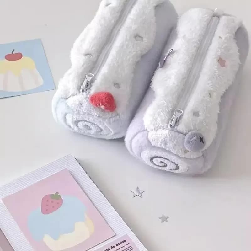 Cute Cream Swiss Roll Plush Pencil Case Large Capacity School Student Stationery Storage Bag