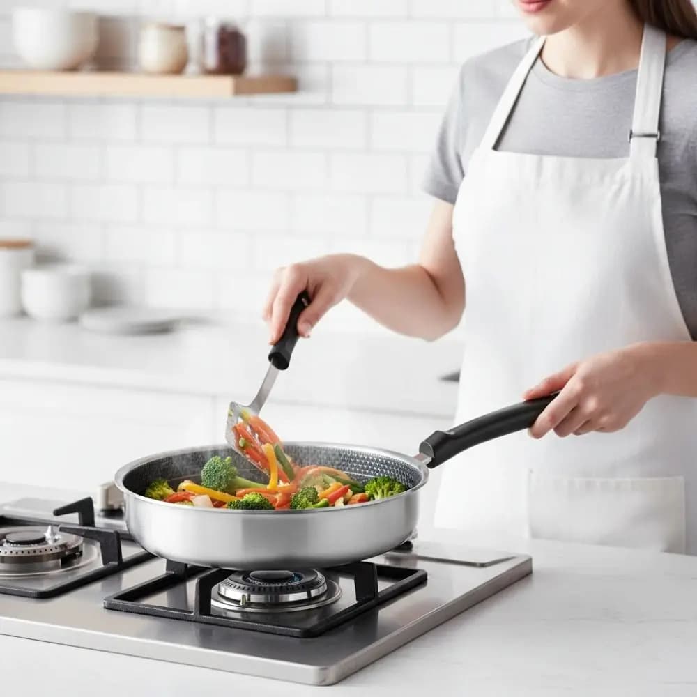 Padella Antiaderente in Acciaio Inox con Motivo a Nido d'Ape, Fondo Piatto, Riscaldamento Rapido, Profonda per Omelette e Bistecche