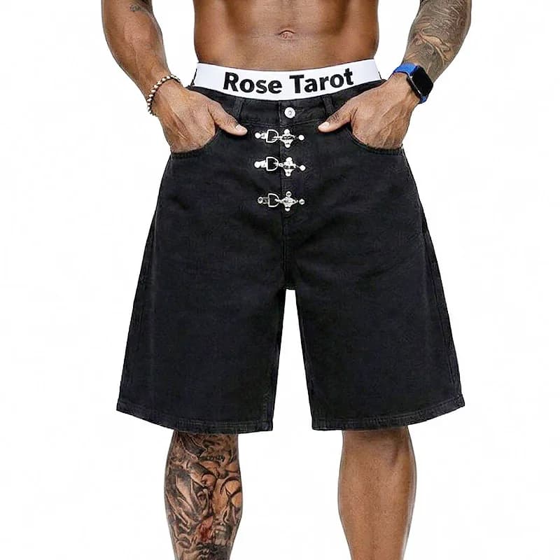 Jeans Corti Larghi da Uomo con Fibbia in Metallo, Stile Streetwear Hip Hop, Moda Estiva, Pantaloncini in Denim a Gamba Larga