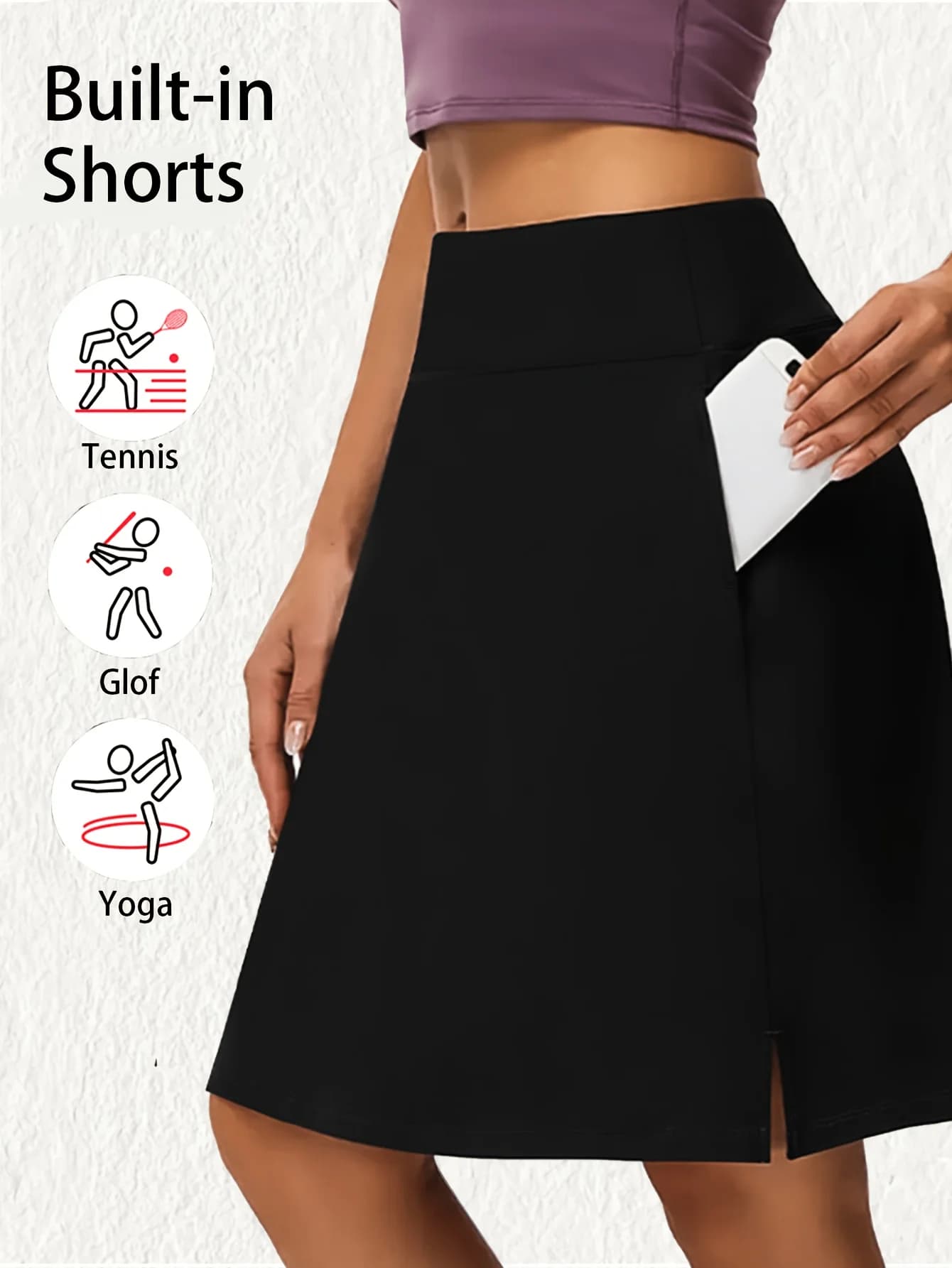 Women's 2-In-1 Mid-Length Tenis Skirt Skort, High Waist Knee Length Golf Skorts with Inner Shorts Pockets, Quick Drying Sport