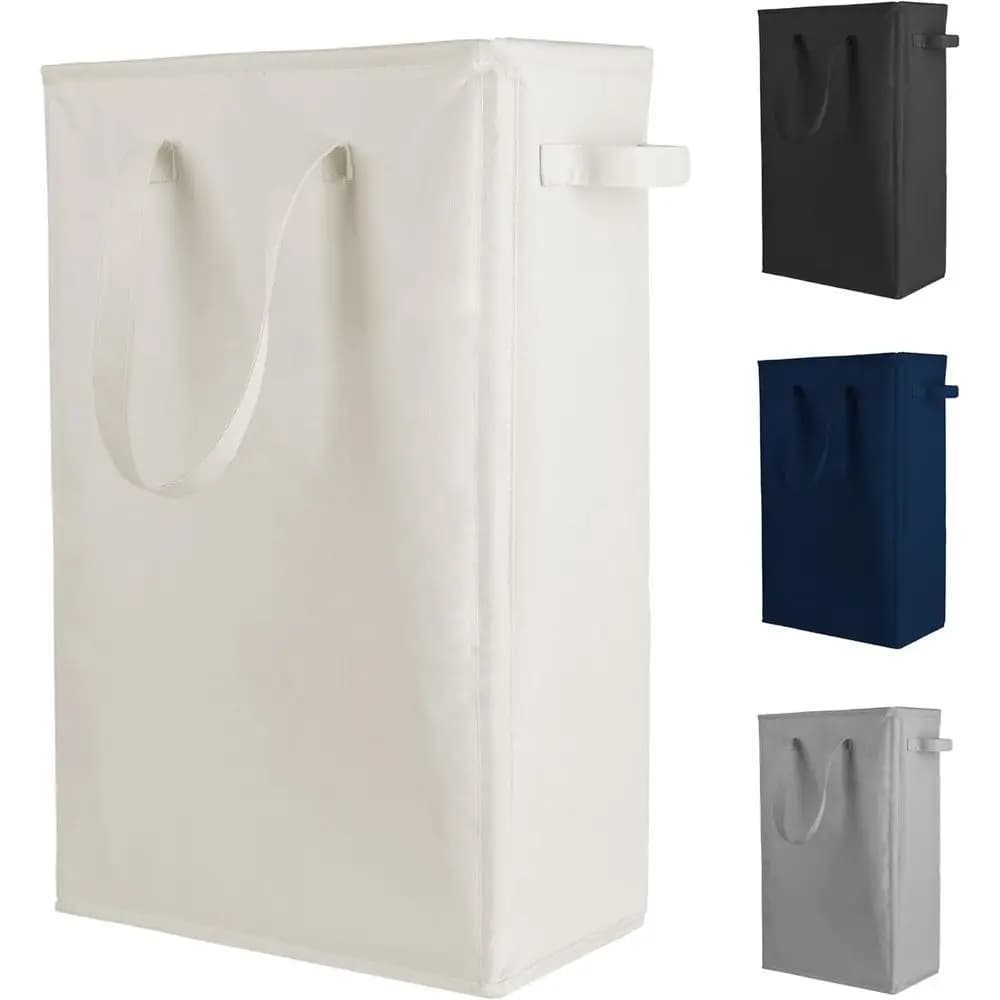 Collapsible Laundry Basket Thin Dirty Clothes Basket Narrow Laundry Bag 45L Beige