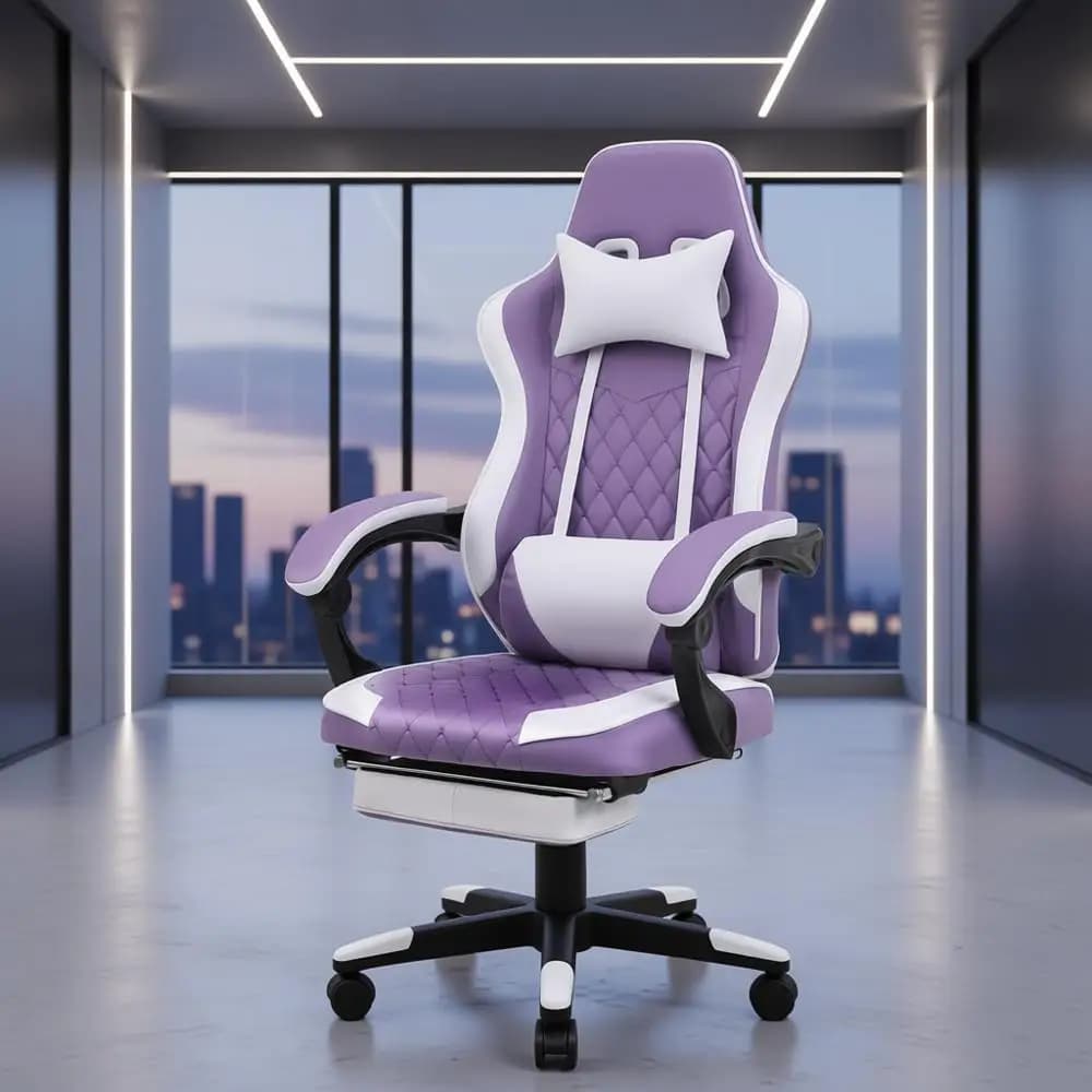 Sedia da gioco ergonomica viola con poggiapiedi, sedia da scrivania regolabile in pelle PU per videogiochi, ufficio e studio con sup lombare