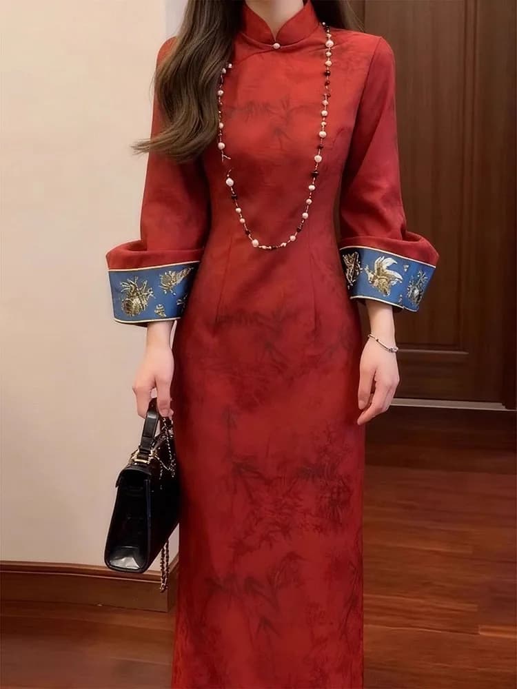 New Chinese Style National Trend Retro Red Improved Dress Warm Fleece Waist Cinching Long Dress Autumn Winter
