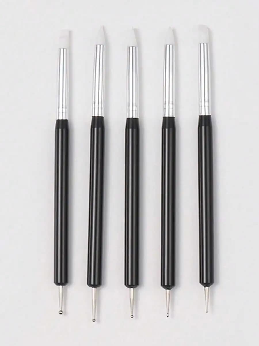 5pcs Acrylic Nail Art Silicone Carving Painting Pens, Black Color, UV Gel DIY Nail Polish 3D Flower Sculpture Dotting Manicure T