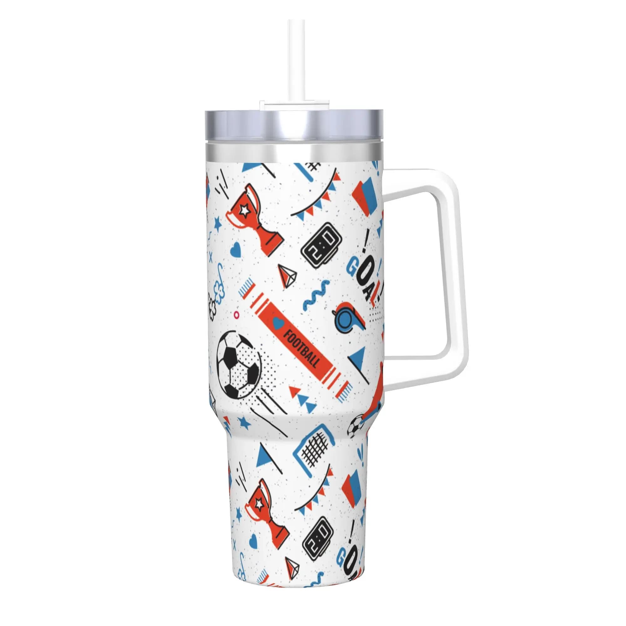 Tumbler Stile Memphis Anni '80, Tazza Termica Isolata Sottovuoto a Forma di Pallone da Calcio, con Coperchio e Cannuccia, Bicchiere da Auto Antigoccia, 40oz
