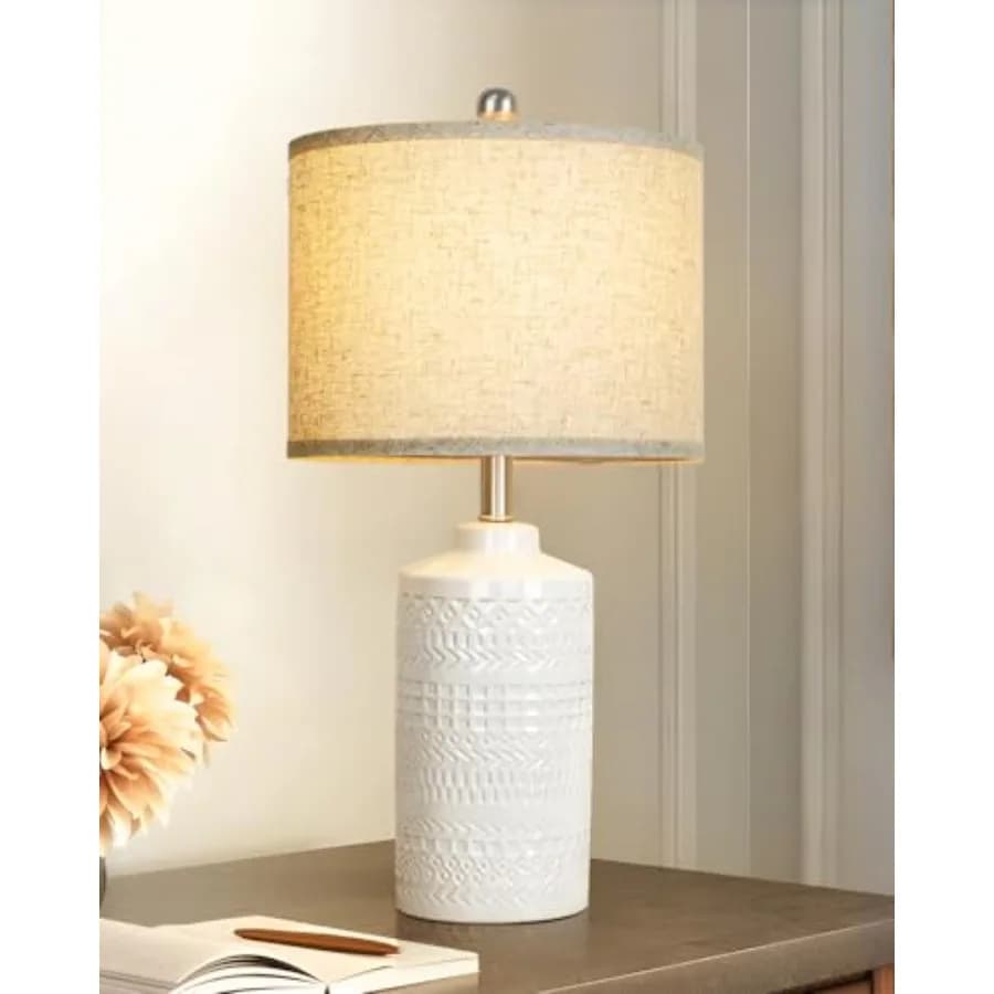 Lampada da Tavolo in Ceramica con Paralume Beige: Lampada da Comodino Dimmerabile a 3 Livelli, 24.5 Pollici, Lampade da Tavolo Moderne per Soggiorno e Camera da Letto