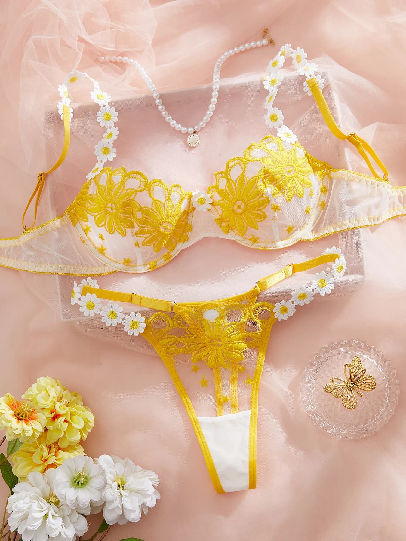 Biancheria intima ricamata semi trasparente estiva da donna giovanile e bella margherita gialla, stile carino e dolce, shou regolabile