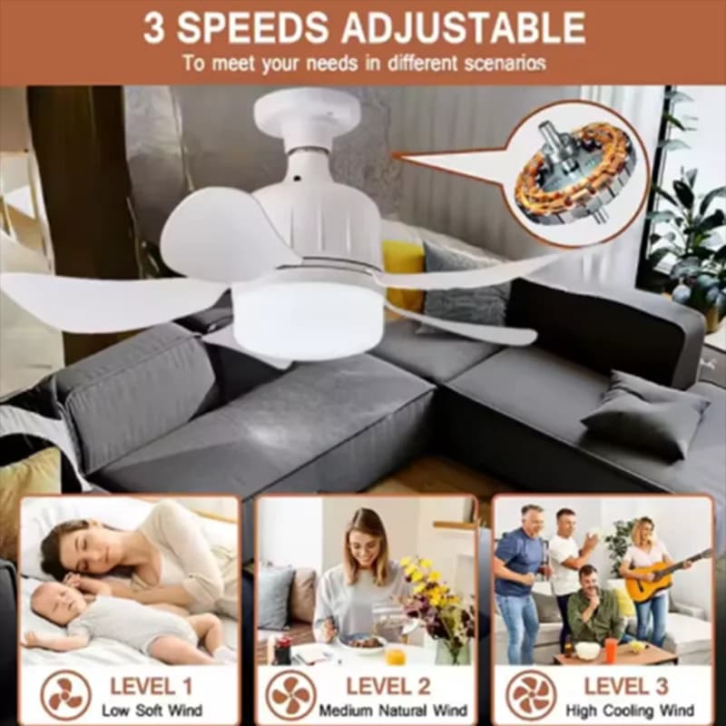 2026 New Cordless E26/E27 Screw Fan Light, 20.5in Socket Ceiling Fan with Remote Control for Closet Bedroom
