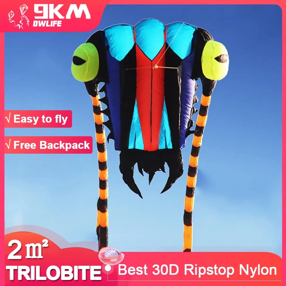 9KM 2 ㎡ Trilobite Kite 7.45m Morbido Gonfiabile Linea Lavanderia Spettacolo Kite 30D Ripstop Tessuto di Nylon Con Girevoli e Borsa per Festival di Aquiloni