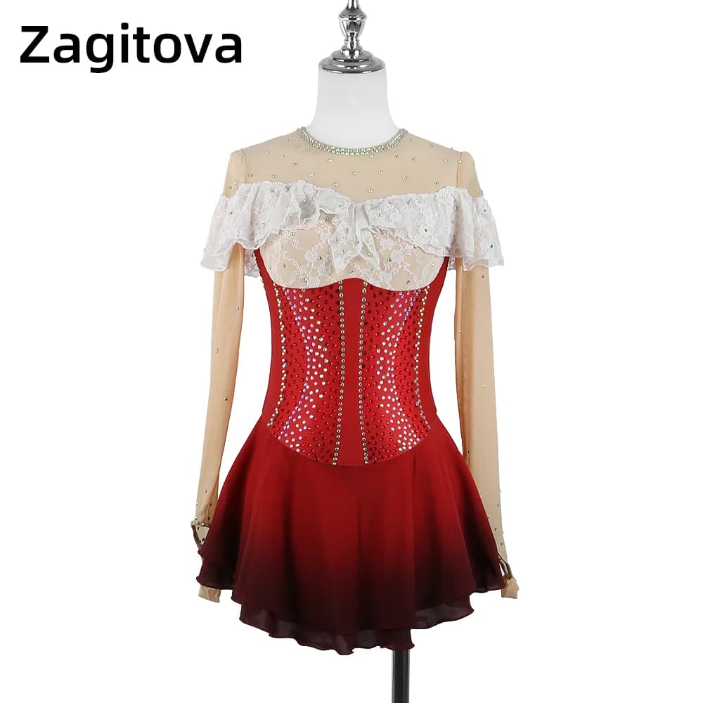 Abito da pattinaggio artistico personalizzato Zagitova per le prestazioni della gonna da pattinaggio su ghiaccio delle ragazze delle donne con rosso sfumato di diamante lucido