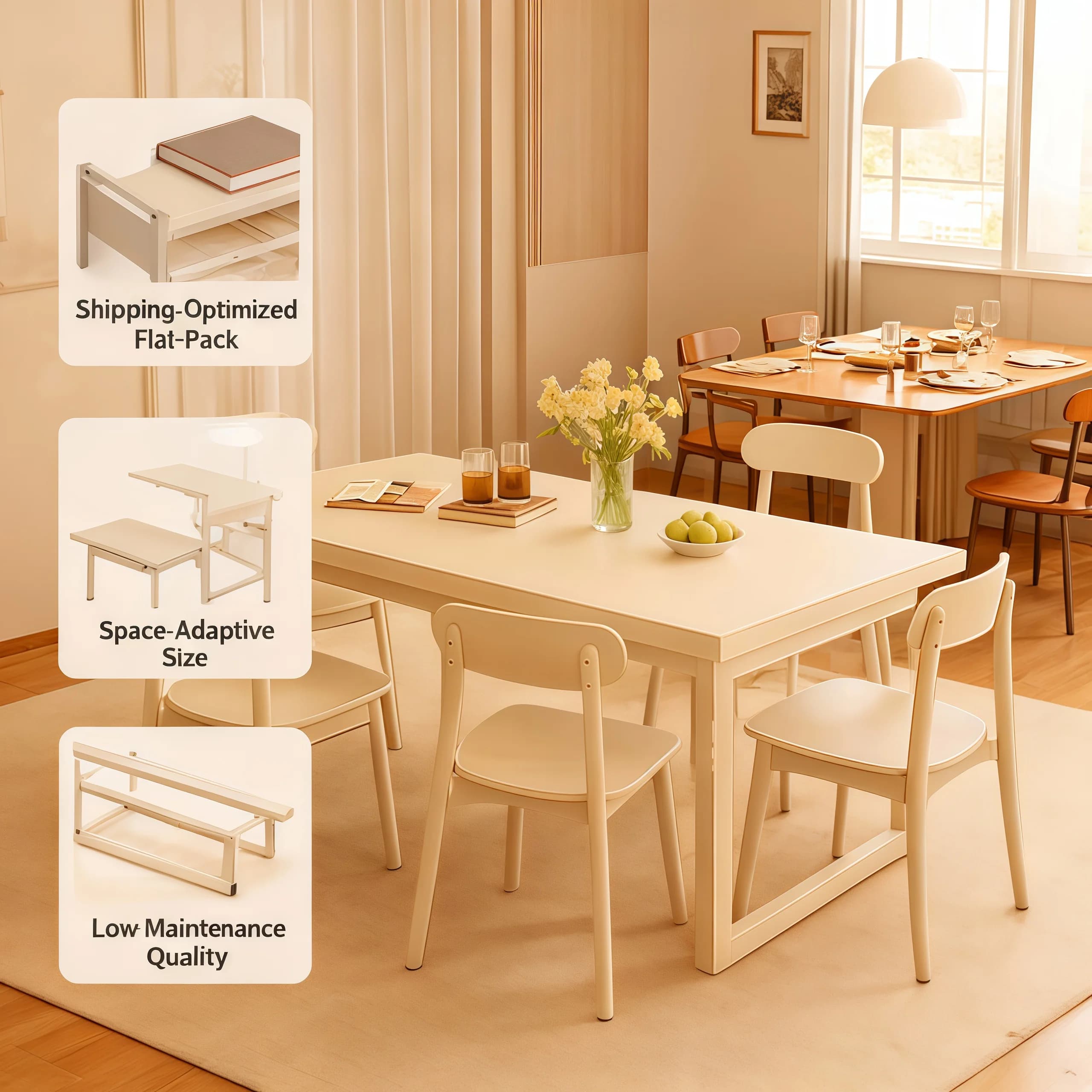 Tavolo da pranzo bianco crema piccolo spazio minimalista gambe in legno massello rettangolare sala da pranzo tavolo da cucina set sedie mobili