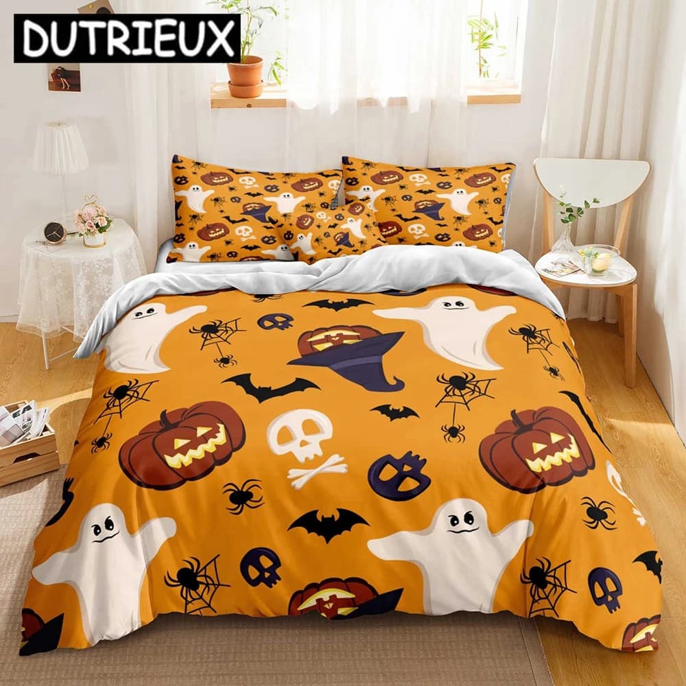 Set Copripiumino a Tema Halloween con Cartoni Animati di Zucche e Biancheria da Letto Floreale - Ideale per Dropshipping, Tessili per la Casa