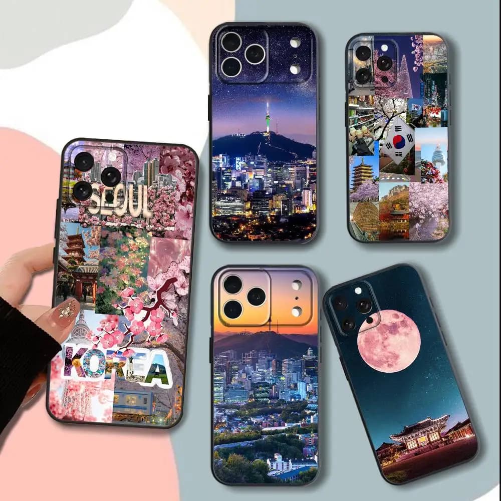 Custodia per telefono SEOUL T-Travel Corea del Sud per iPhone 15,13,16,12,11,17,14,Plus,Pro,Max,XS,XR,X,SE,Mini, Cover morbida in silicone nero