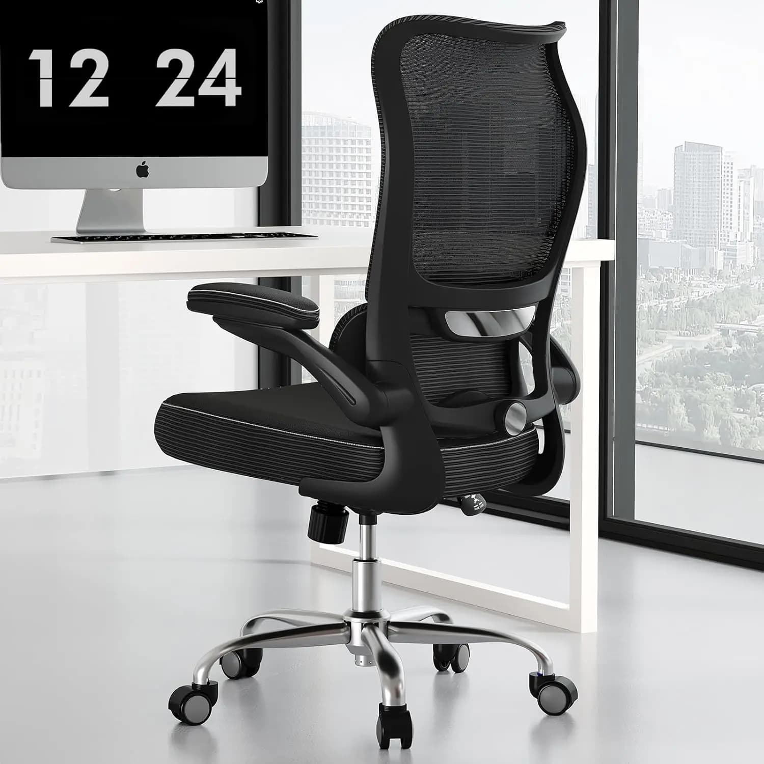 Sedia da ufficio ergonomica con supporto lombare regolabile, schienale in rete e seduta in pelle PU per casa o gaming - Nera