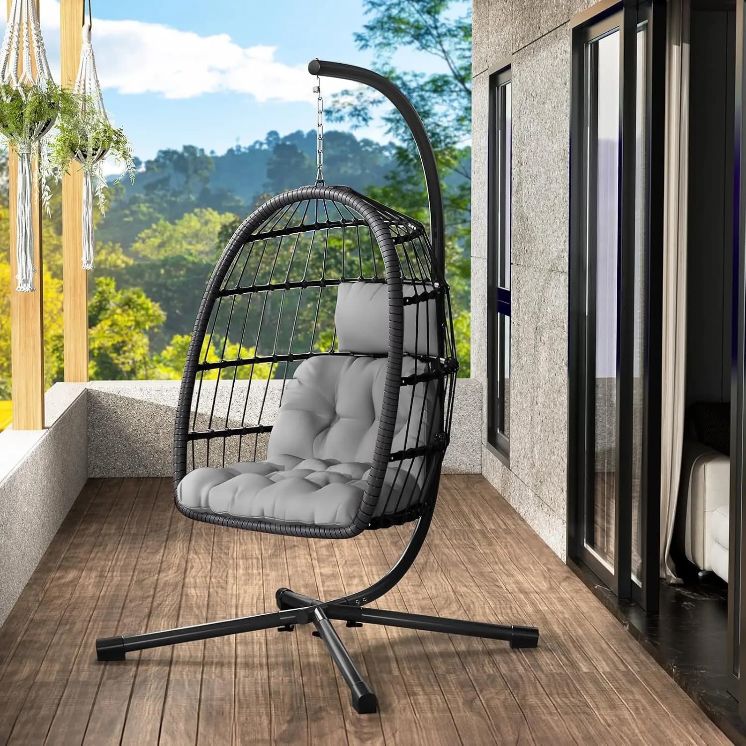 Egg Chair with Stand, Patio Rattan Wicker Hanging Swing Hammock with UV Cushion, 350LBS Capacity