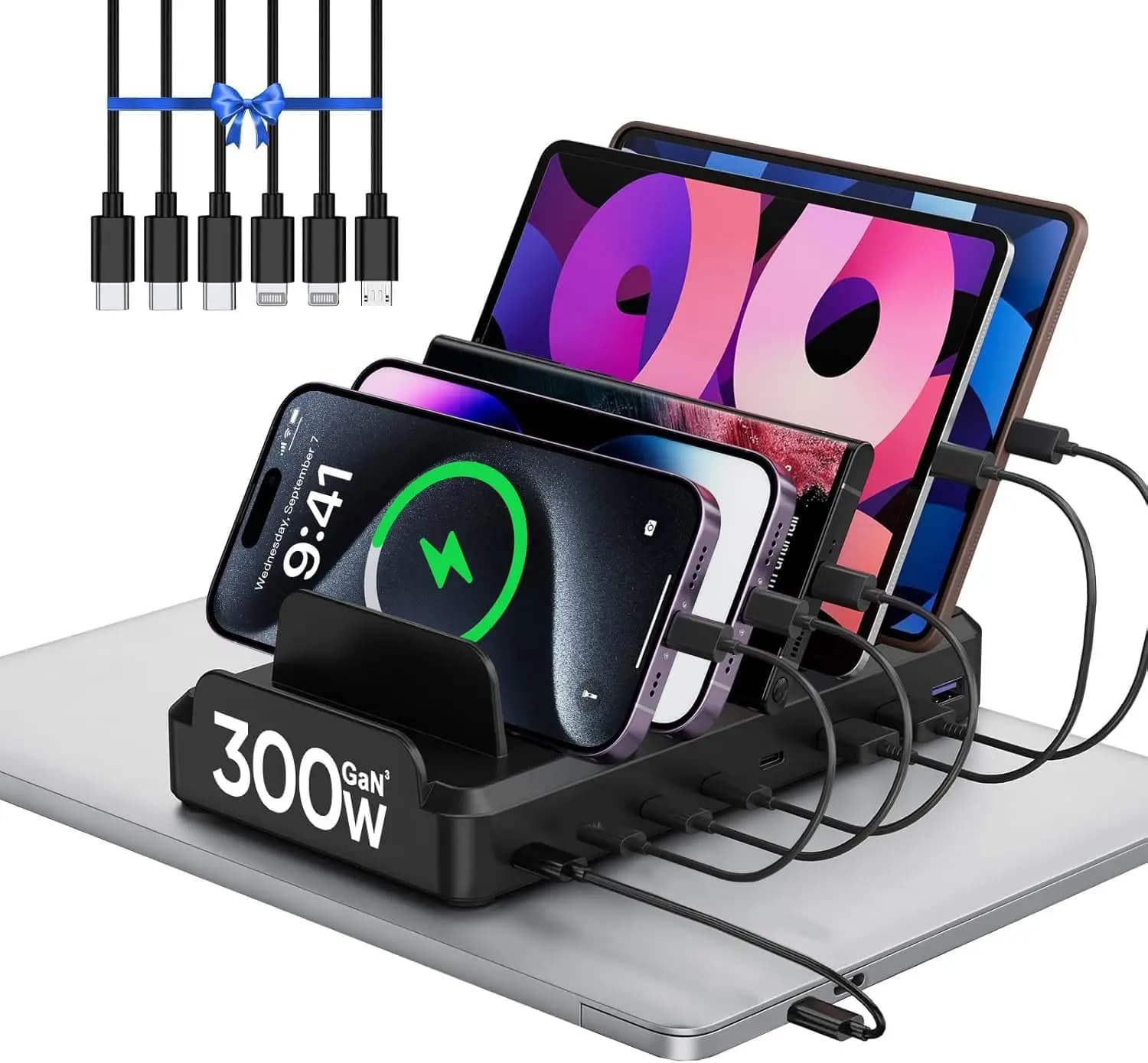 Stazione di Ricarica USB-C a 8 Porte da 300W per Laptop, Telefono, Tablet, Dock di Ricarica Rapida con 6 Cavi