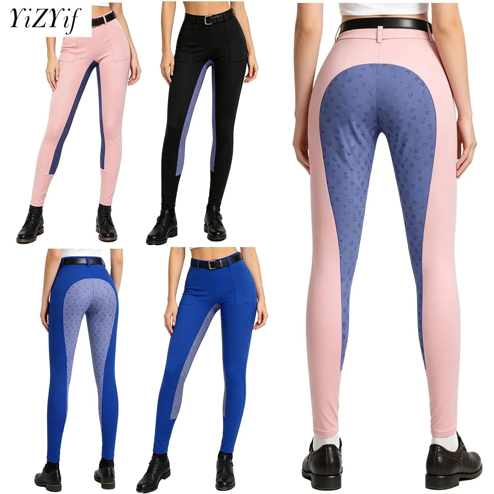 Pantaloni da equitazione da donna con grip in silicone, leggings elasticizzati antiscivolo con tasche, per allenamento