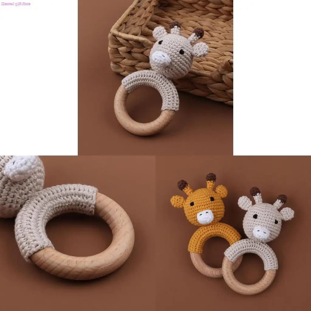 D0JC Sonaglio per Bambini Giocattoli Cartton Animale Uncinetto Anelli Legno Sonaglio Artigianato Fai da Te Dentizione