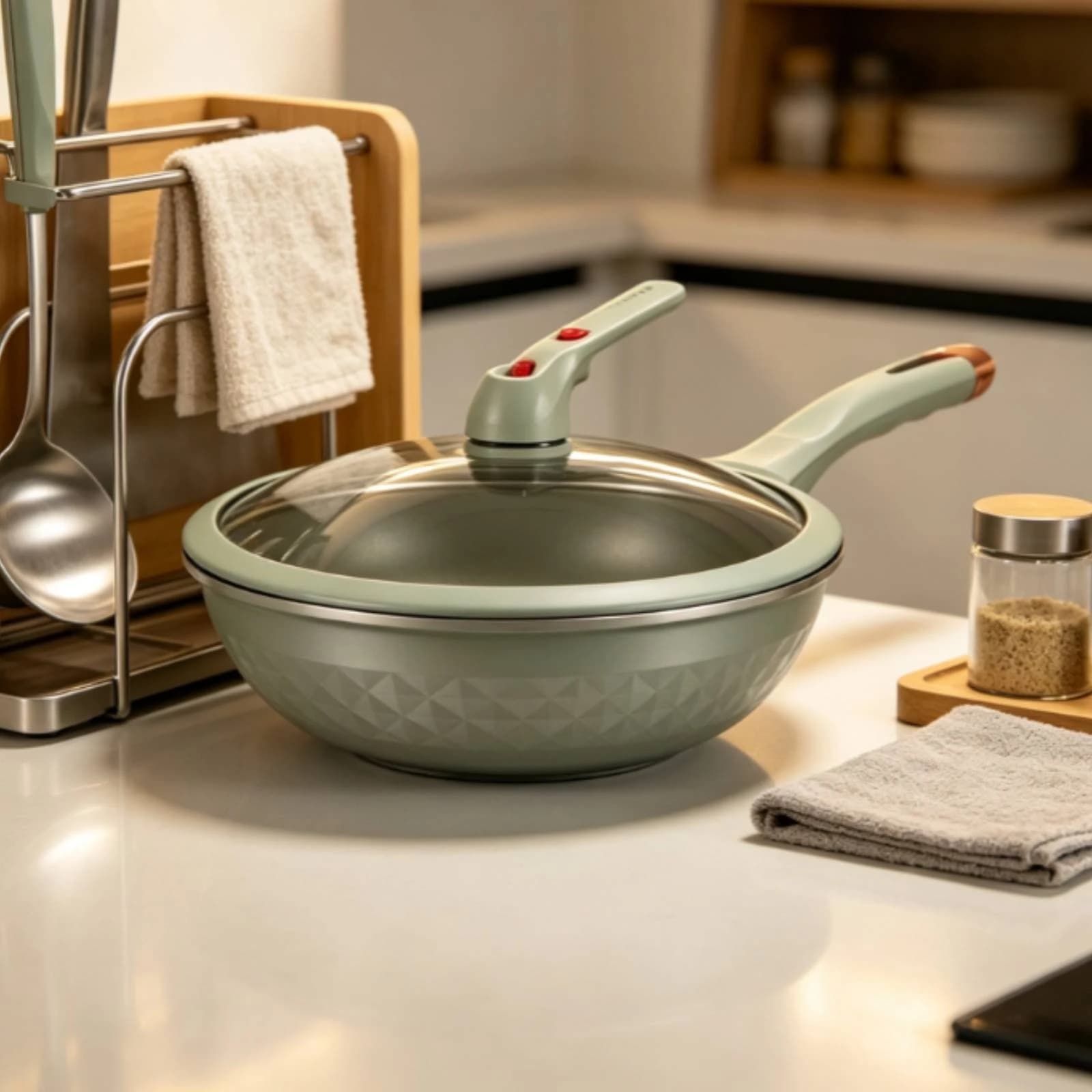 Wok with Glass Lid Spacious Wok Pan with Lid Stir Fry Pan Easy to Clean Cookware Safe for Home Cooks, Gas Cooktop