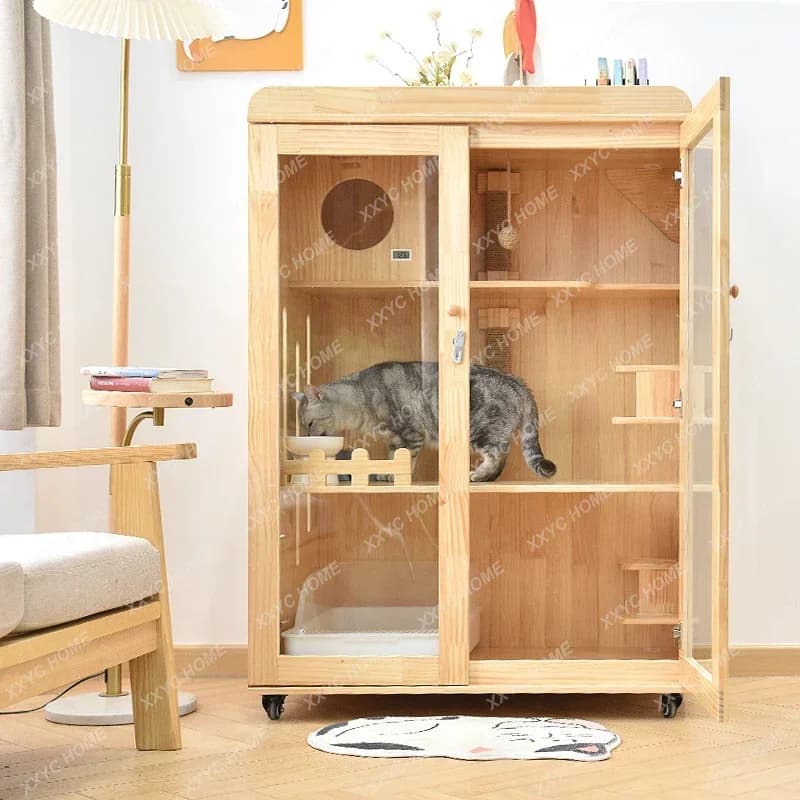 Villa per gatti in legno massello per animali domestici Interni per la casa Casa per gatti Casa in vetro di lusso Spazio Gabbia per gatti per bestiame a tre strati