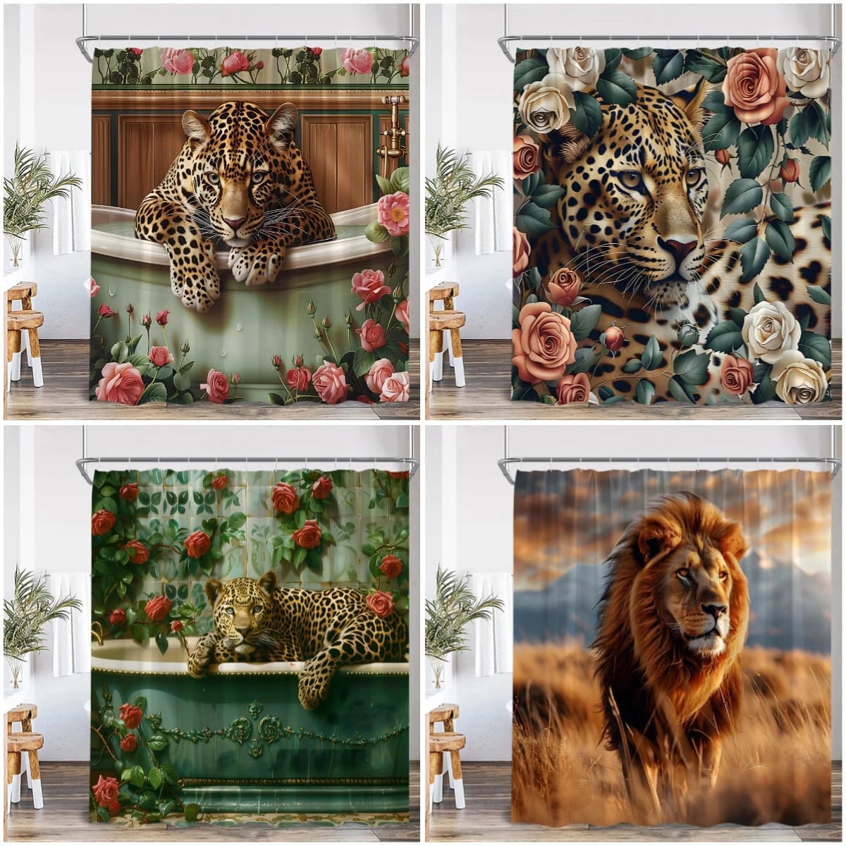Tenda da doccia leopardata da bagno Animale selvatico Leone Pantera nella vasca da bagno Decorazione floreale per il bagno Tenda da bagno moderna ed elegante in poliestere