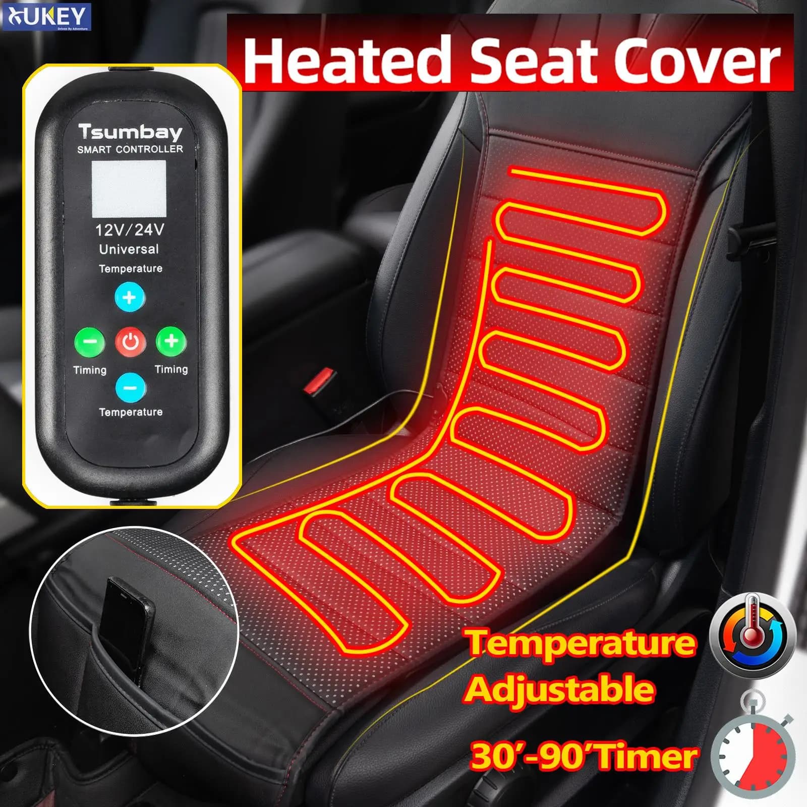 PU leather heated car seat cushion with integrated remote control 12V 24V universal heater winter cold protection black