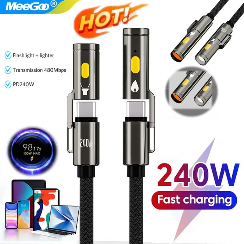 Cavo Dati USB Type-C a Type-C da 240W con Ricarica Rapida PD, Torcia LED e Accenditore per MacBook Pro/Air, iPhone 12-17, iPad USB