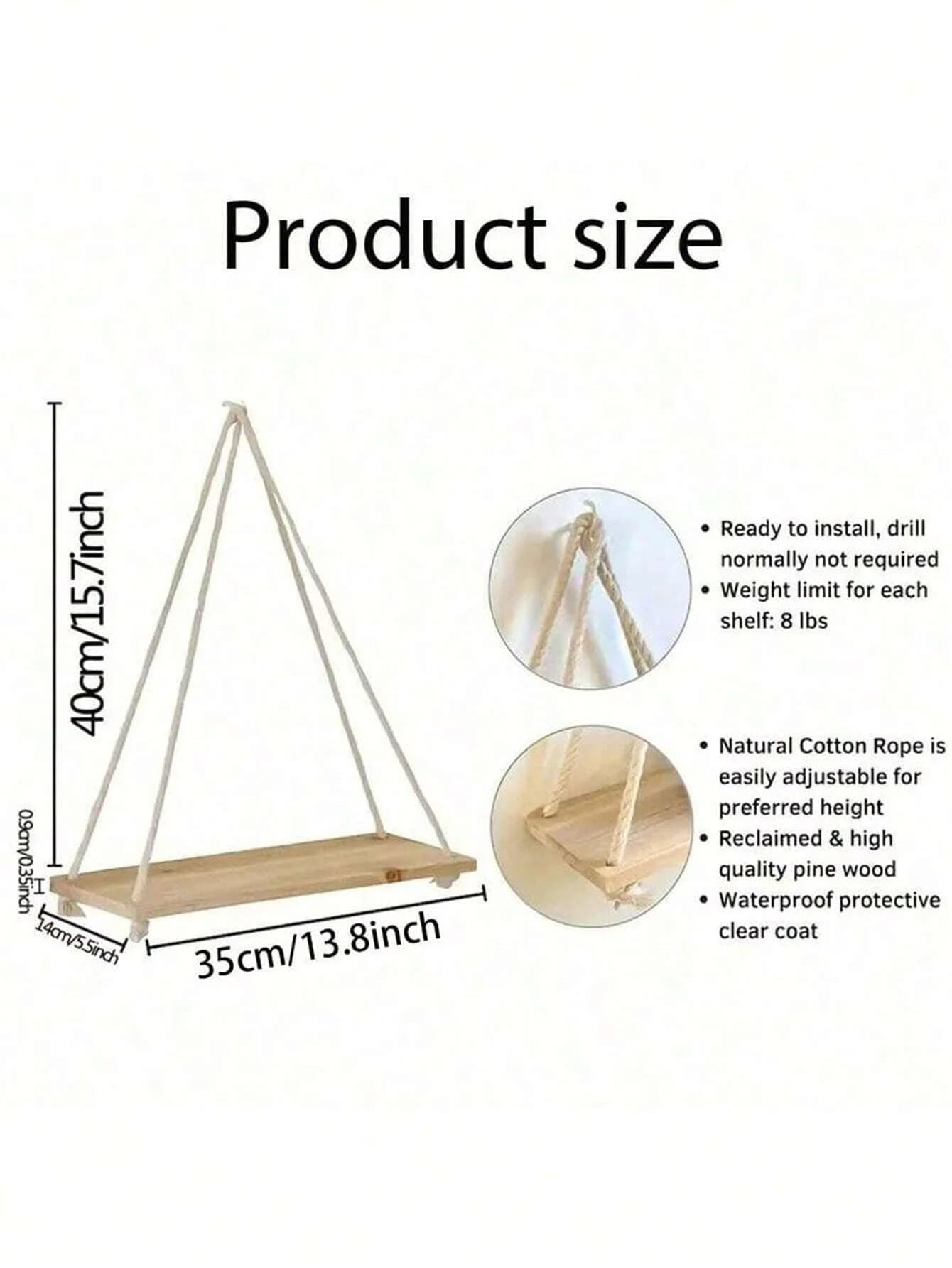 Wooden Swing Hanging Hemp Rope Wall Shelve Mounted Floating Home Living Room Plant Flower Pot Tray Storage Garden Decoration