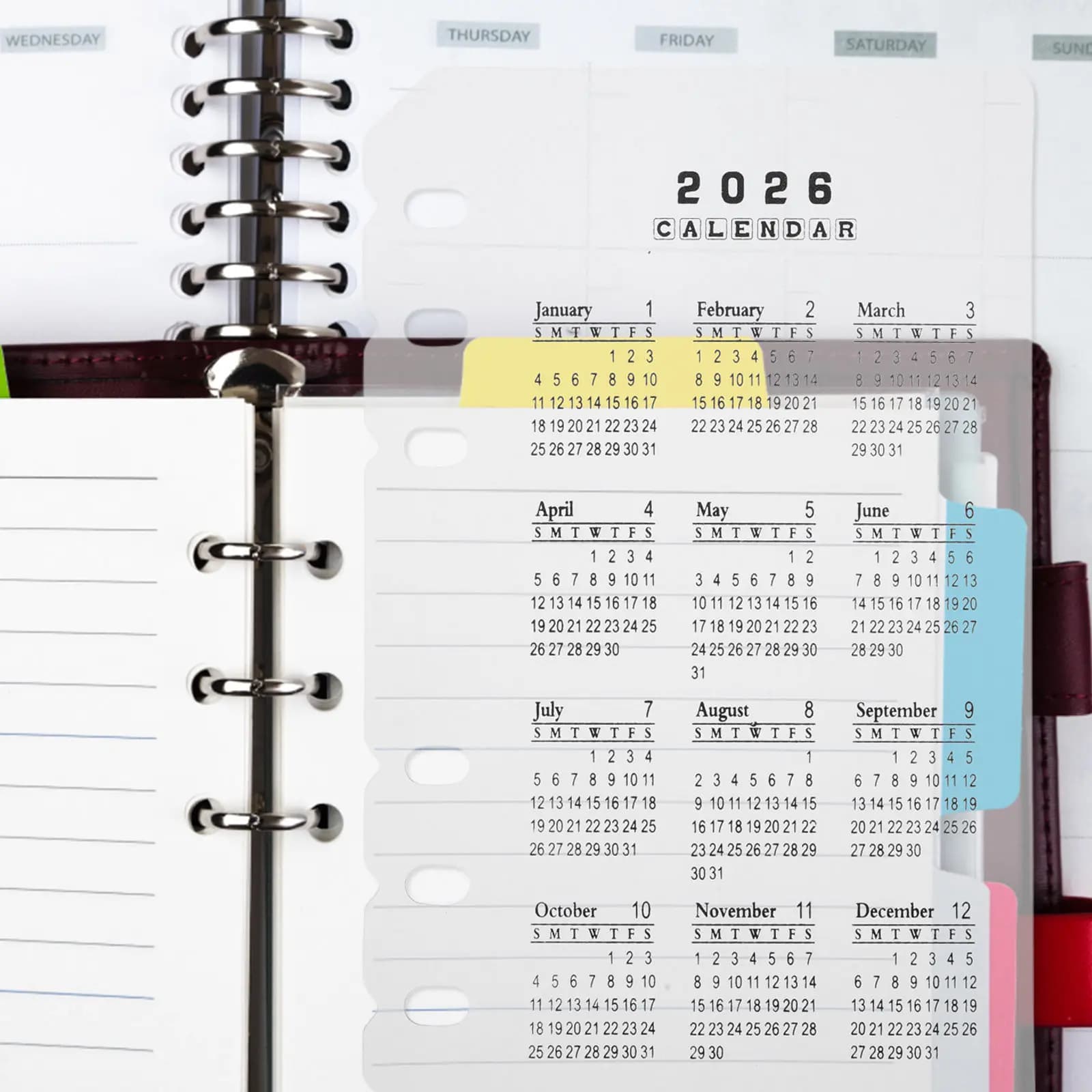 4 divisori per calendario in PP opaco A6 a 6 fori, inserti ricaricabili per l'organizzazione delle date 2026, per agenda trasparente e quaderno.