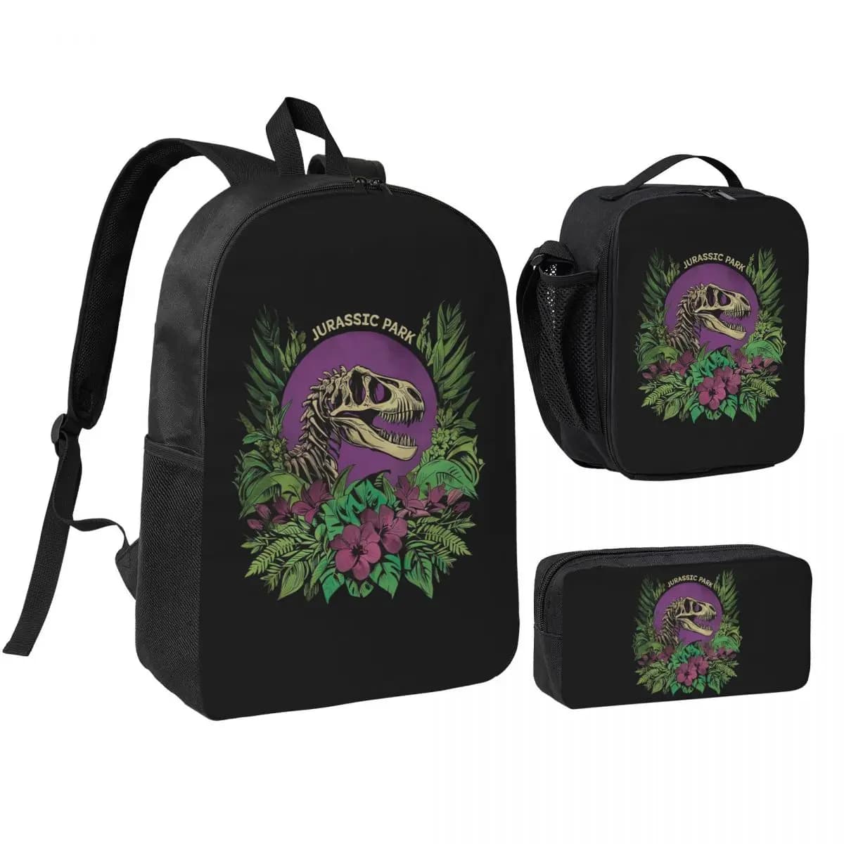 Zaino Jurassic Park per studenti, ragazzi e ragazze, borsa per libri, borsa per la scuola, borse a tracolla per laptop, 3 pezzi, borsa termica per il pranzo, astuccio per matite