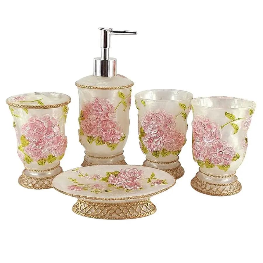 Accessori per il bagno, set di accessori per il bagno da 5 pezzi, caratteristiche del set da bagno, dispenser per sapone, portaspazzolino, bicchiere e sapone
