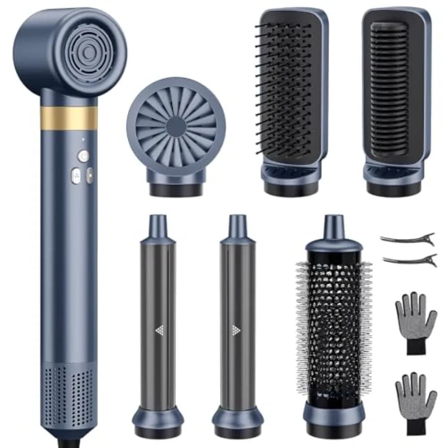 6-in-1 Hot Air Brush Set with Ionian Technology, Gemstone Blue Multifunction Hair dryer for curling and smoothing