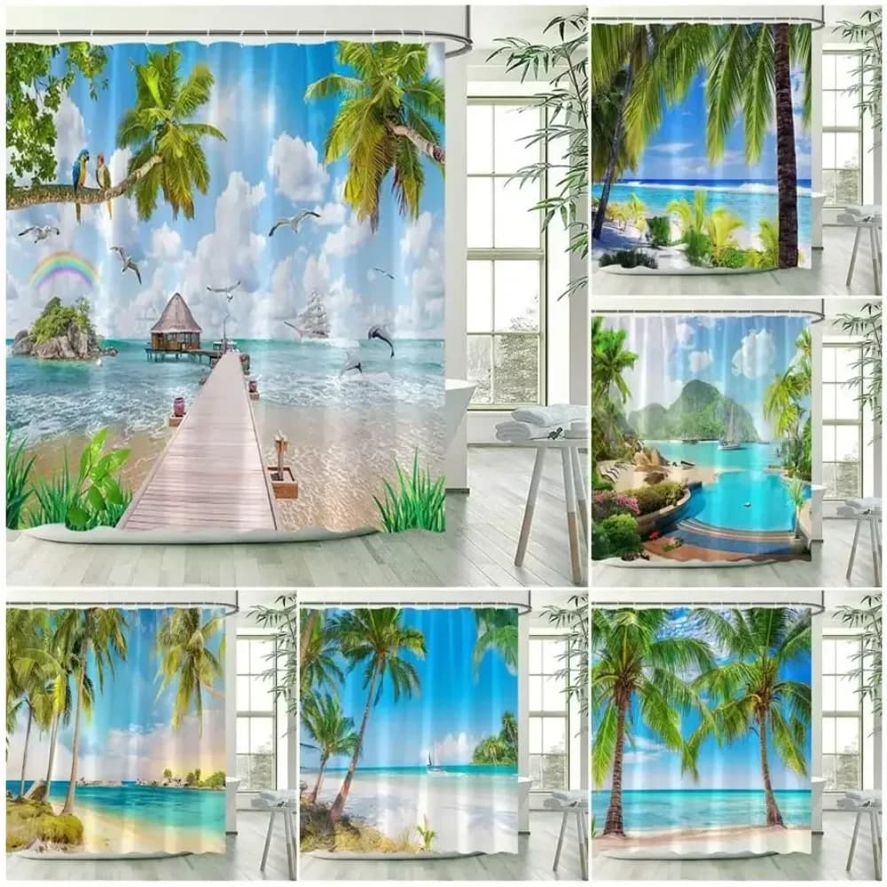 Tenda da doccia con paesaggio oceanico, palme da spiaggia, pappagalli, delfini, onde marine, paesaggi naturali, tende da bagno, decorazioni per il bagno in tessuto